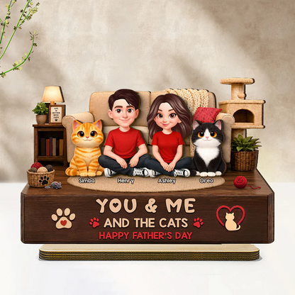 You & Me And The Cats Cozy Room 2D Flat - Personalized Wooden Plaque - Father's Day Gift For Cat Dad