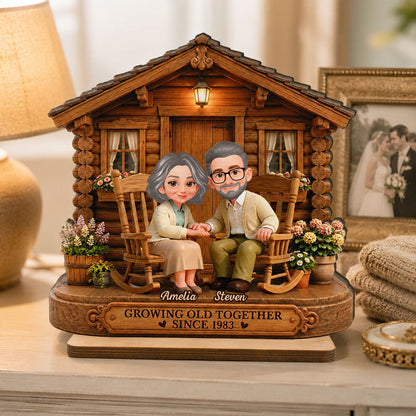 Eternal Love Couple Growing Old Together Cabin Wood House - Personalized Wooden Plaque - Anniversary Gift For Couple