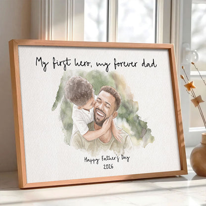 Dad Daughter Son Custom Watercolor Portrait from Photo - Personalized Poster - Father's Day Gift for Him