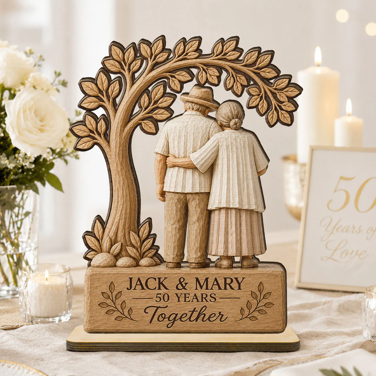 Rustic Old Couple Walking Anniversary Gift - Personalized Wooden Plaque - Wedding Year Decor
