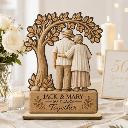 Rustic Old Couple Walking Anniversary Gift - Personalized Wooden Plaque - Wedding Year Decor
