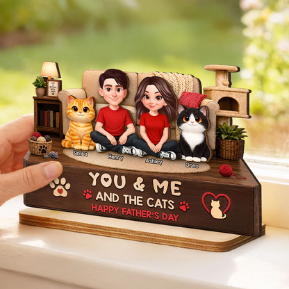 You & Me And The Cats Cozy Room 2D Flat - Personalized Wooden Plaque - Father's Day Gift For Cat Dad