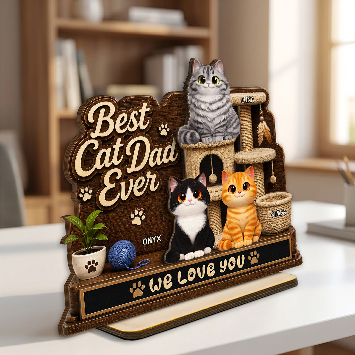 Best Cat Dad Ever Cute Cats On Cat Tree 2D Flat - Personalized Wooden Plaque - Father's Day Gift For Cat Dad