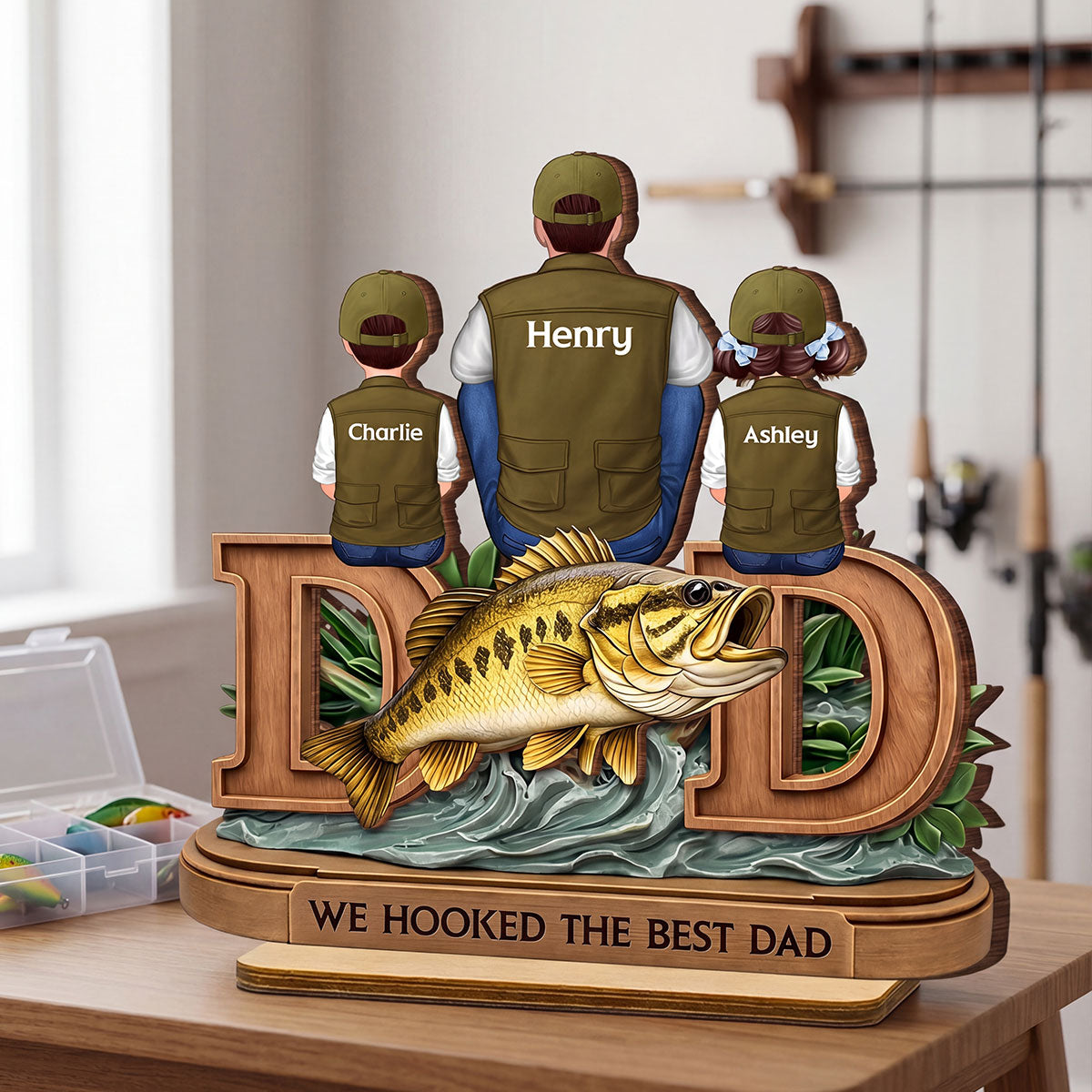 Fishing Dad And Kids Sitting Together - Personalized Wooden Plaque - Heartfelt Gift For Dad, Gift For Husband