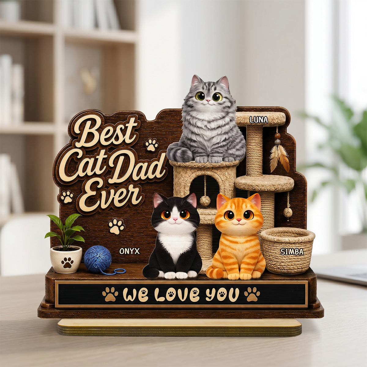 Best Cat Dad Ever Cute Cats On Cat Tree 2D Flat - Personalized Wooden Plaque - Father's Day Gift For Cat Dad