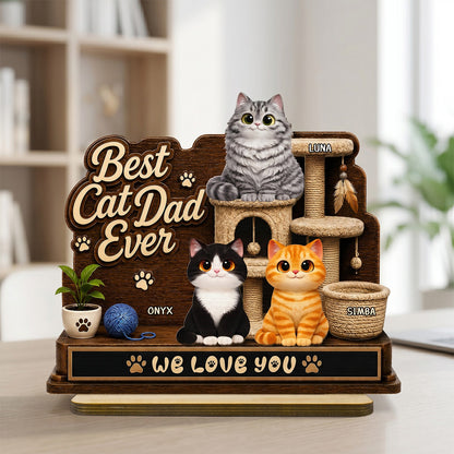 Best Cat Dad Ever Cute Cats On Cat Tree 2D Flat - Personalized Wooden Plaque - Father's Day Gift For Cat Dad