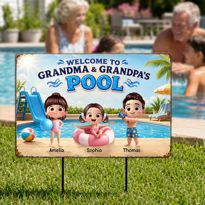 Welcome to Grandma Grandpa's Pool - Personalized Metal Sign - Summer Decor Gift for Grandparents