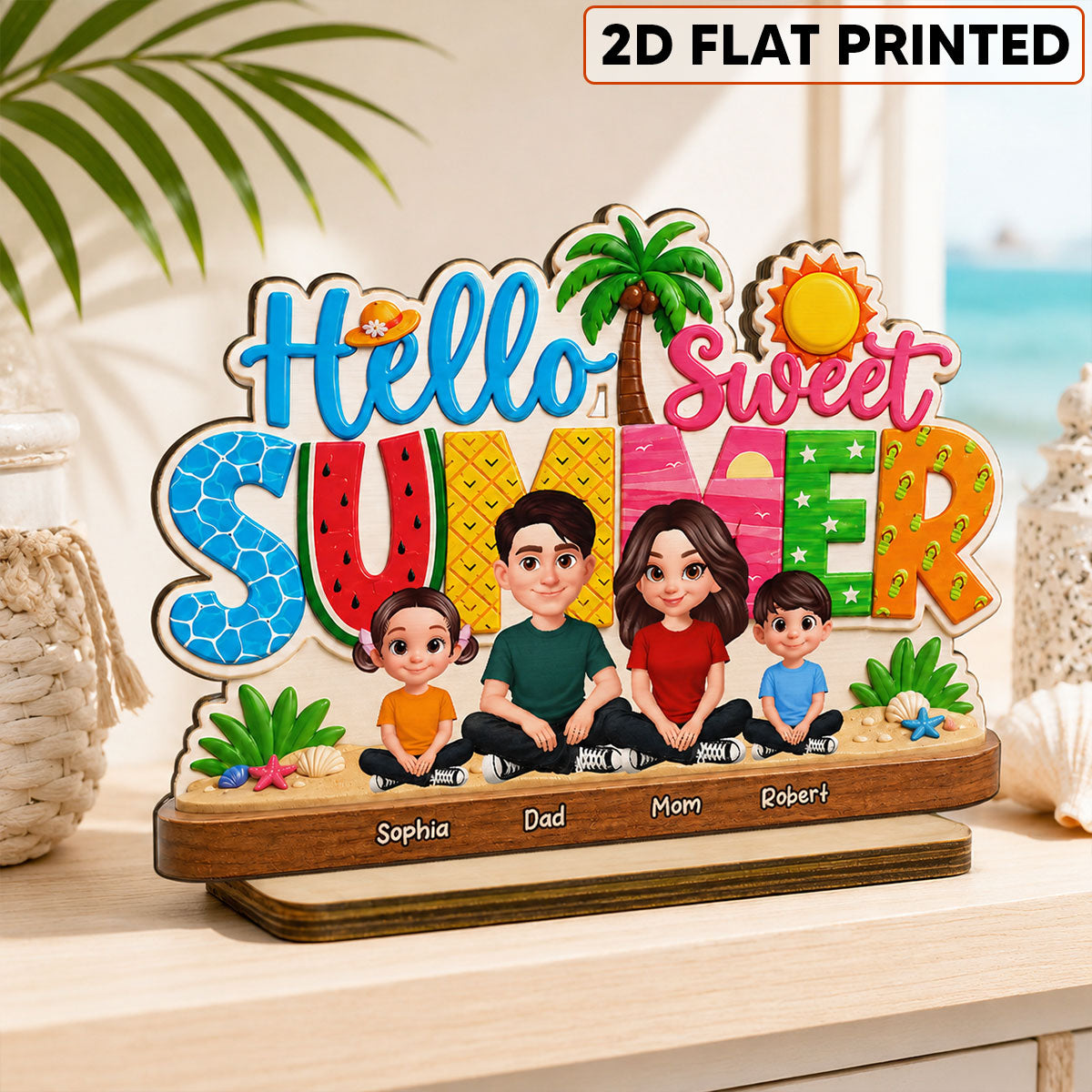 Hello Summer Vibe Family Grandpa Grandma Dad Mom Kids - Personalized Wooden Plaque - Gift For Family, Grandparents, Summer Decoration