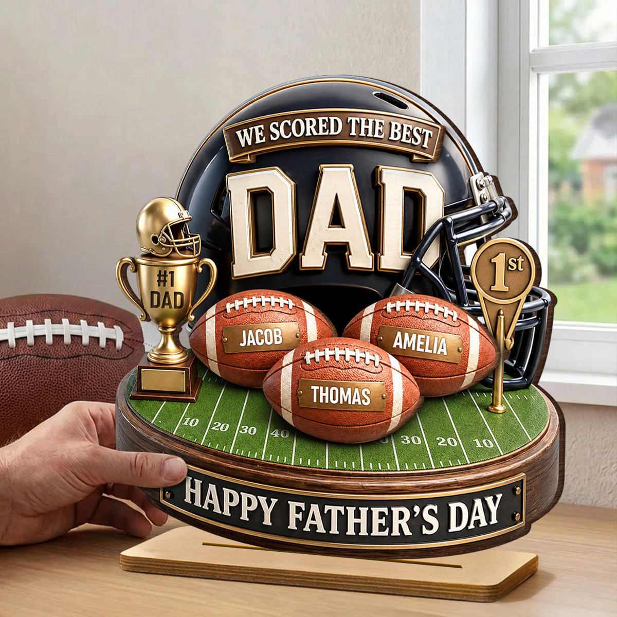 We Scored The Best Dad American Football Trophy - Personalized Wooden Plaque - Heartfelt Gift For Football Dad, Gift For Husband