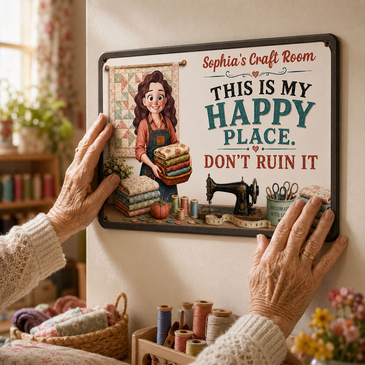 This Is My Happy Place Don't Ruin It Sewing Girl - Personalized Wooden Sign - Craft Room Decor